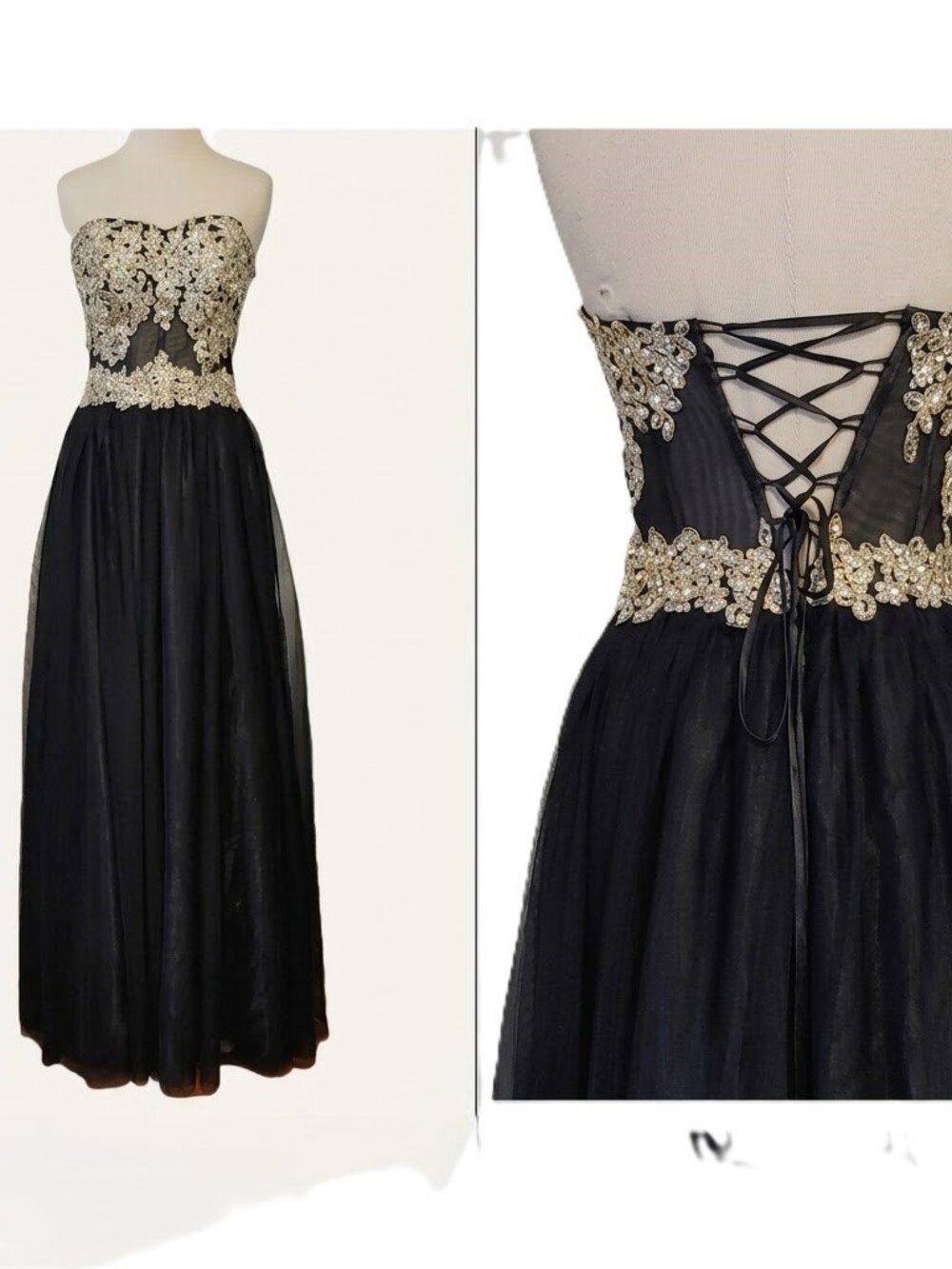 Whimsigoth Renaissance Corset Lace Mesh Strapless Sequin‎ Formal Prom Gown